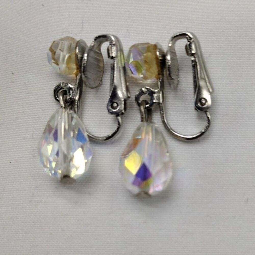 Vintage Aurora Borealis Crystal Teardrop Clip On Earrings Silver Tone Mid Centur